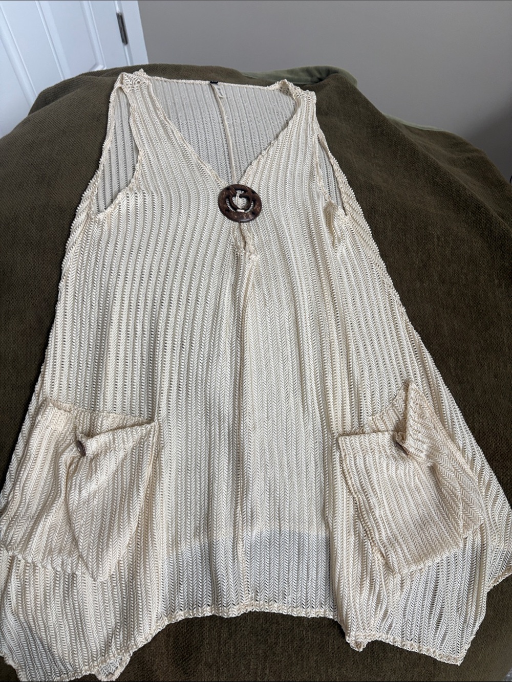 Cream Knit Sleeveless Tank Top, Wooden Ring Accent with matching pants